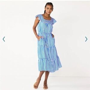 DRAPER‎ JAMES RSVP Midi Sun Dress Blue White Striped